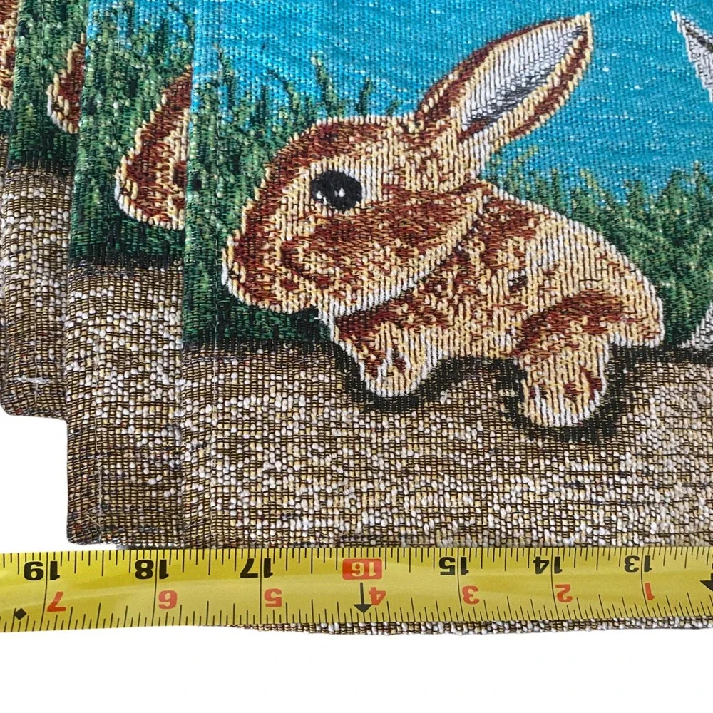 Set of 6 Woven Tapestry Bunny Rabbit Placemats Teal Rustic Easter‎ Spring Decor